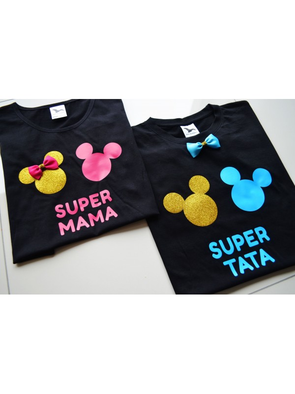 Koszulki Super Mama Super Tata myszki dla rodziców granatowa fuksja czarna
