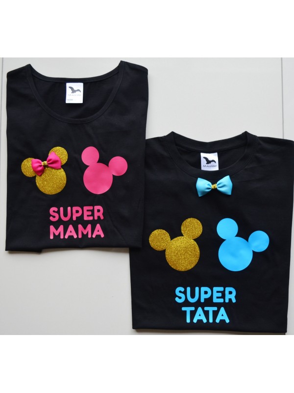 Koszulki Super Mama Super Tata myszki dla rodziców granatowa fuksja czarna